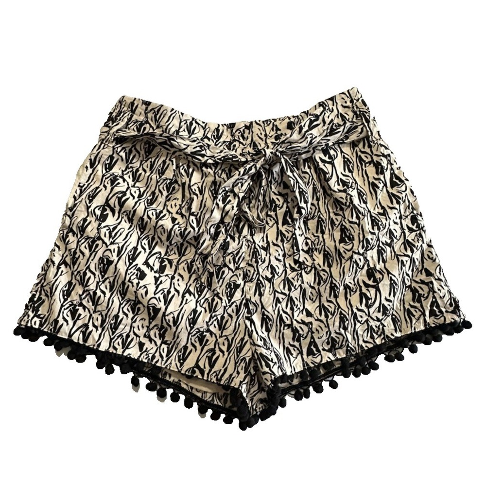 Sugar Lips Womens Pom Pom Trim Shorts XL Black Cream Abstract Print Tie Waist